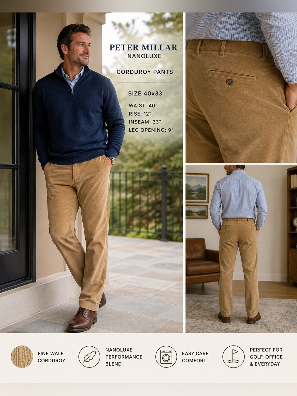 Peter Millar Nanoluxe Corduroy Pants Men 40x33 Tan Straight Leg Casual Golf
